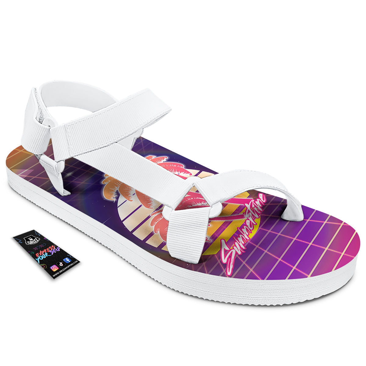 Retro Futuristic Palms Summer Time Print White Open Toe Sandals-grizzshop