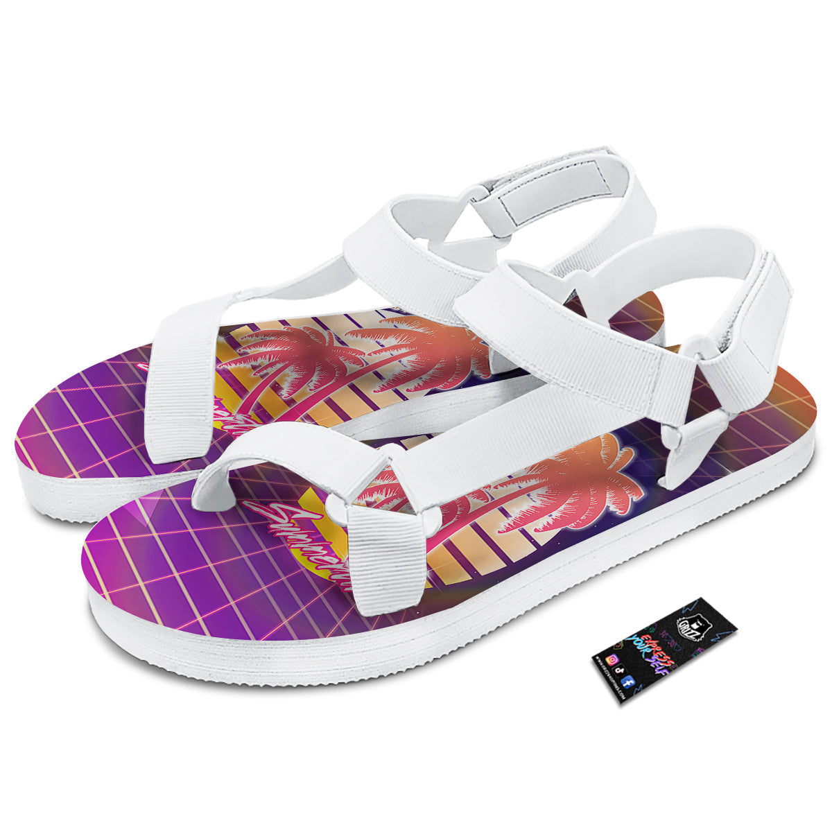 Retro Futuristic Palms Summer Time Print White Open Toe Sandals-grizzshop