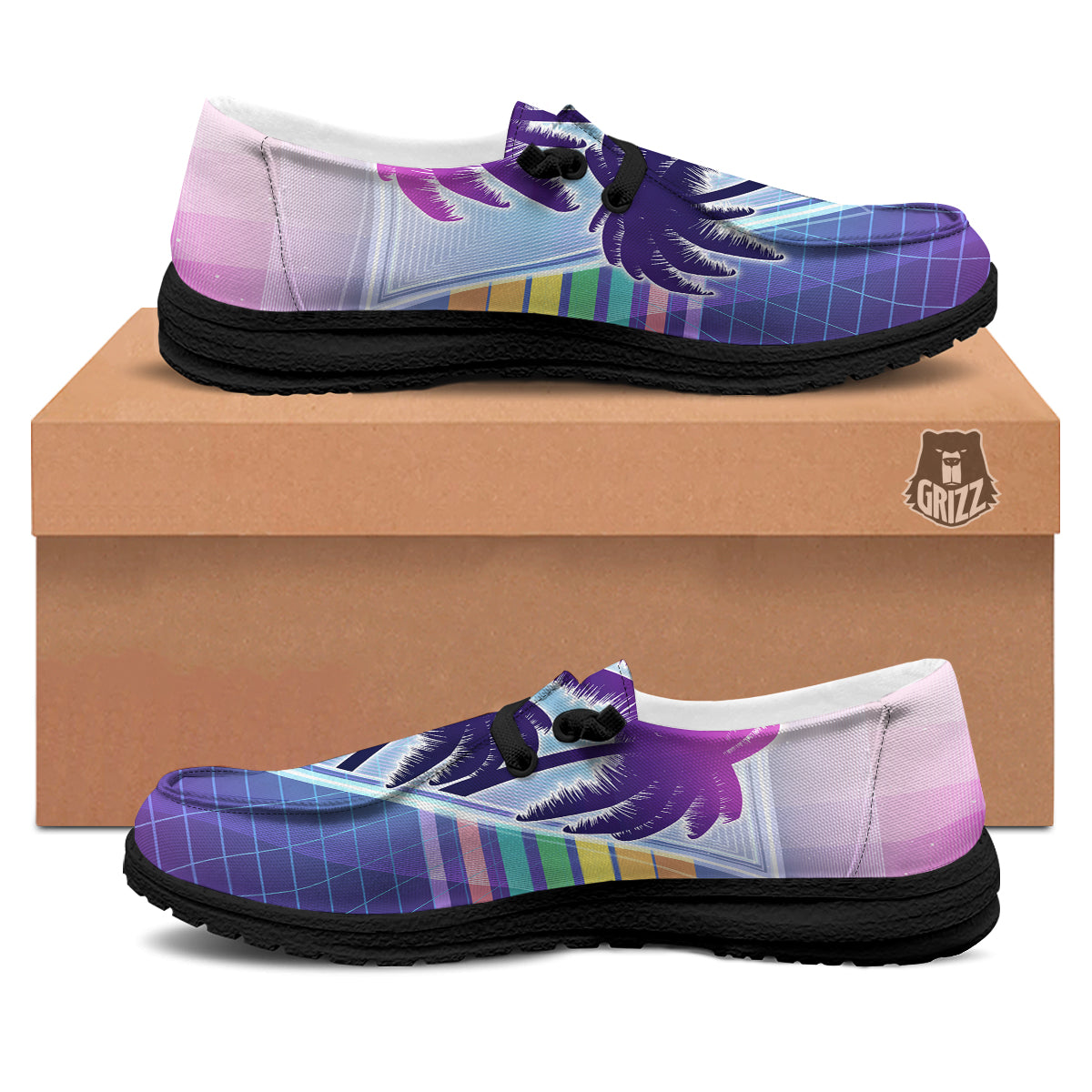 Retro Futuristic Palms Tree Print Black Loafers-grizzshop