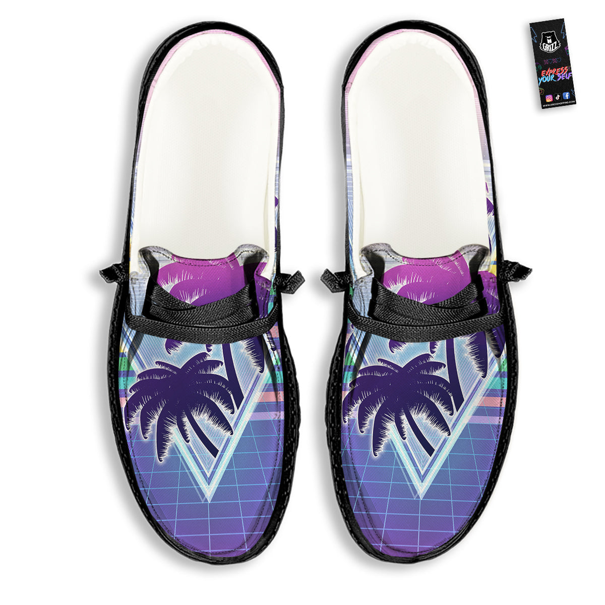 Retro Futuristic Palms Tree Print Black Loafers-grizzshop