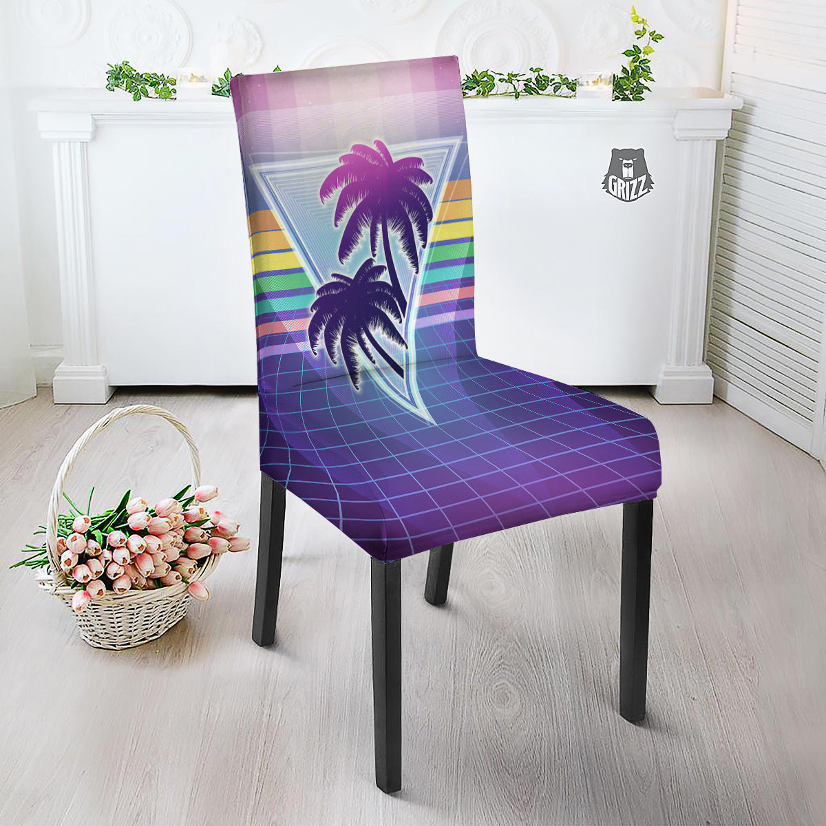 Retro Futuristic Palms Tree Print Dining Chair Slipcover-grizzshop