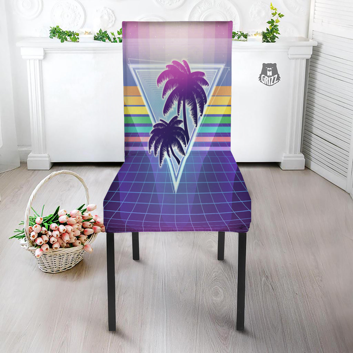 Retro Futuristic Palms Tree Print Dining Chair Slipcover-grizzshop