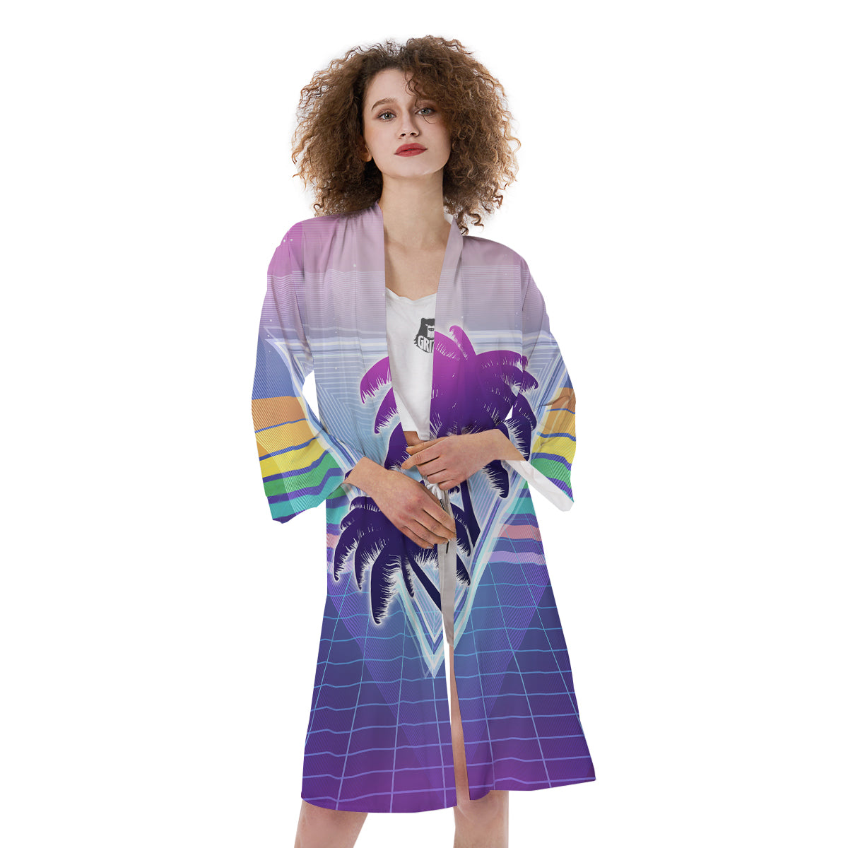 Retro Futuristic Palms Tree Print Kimono-grizzshop
