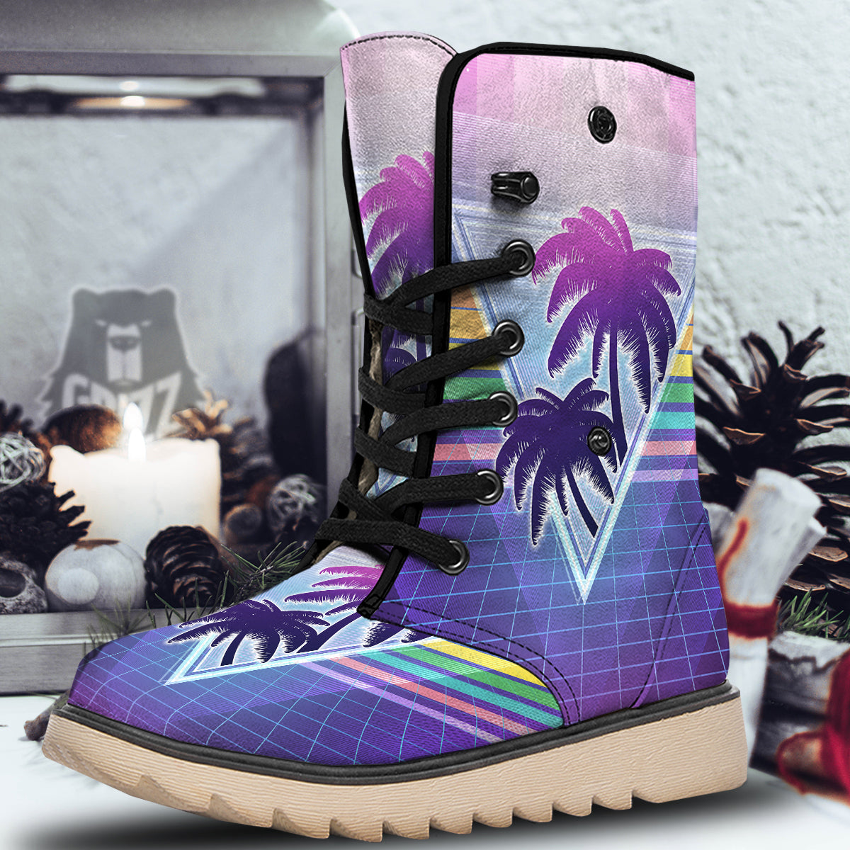 Retro Futuristic Palms Tree Print Snow Boots-grizzshop