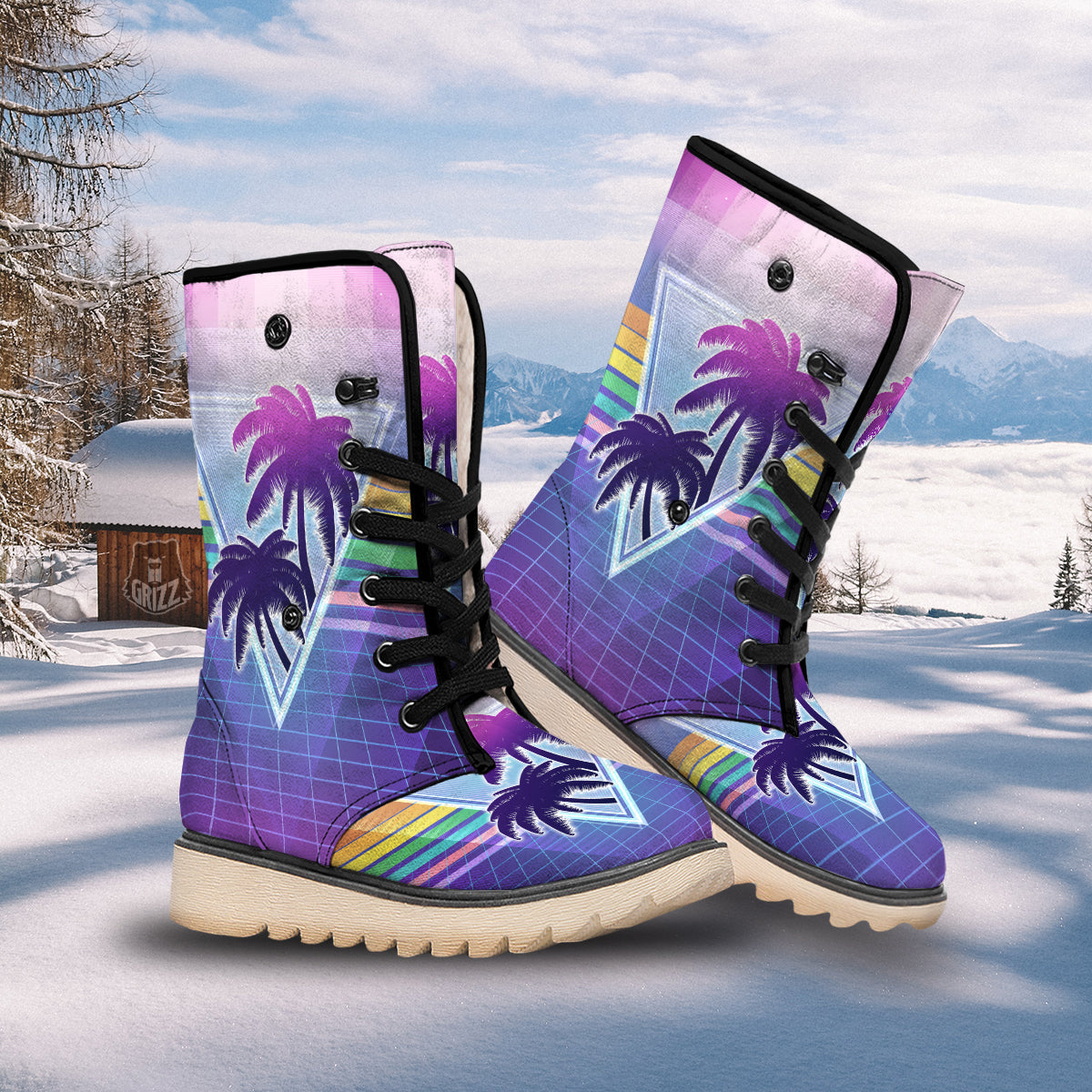 Retro Futuristic Palms Tree Print Snow Boots-grizzshop