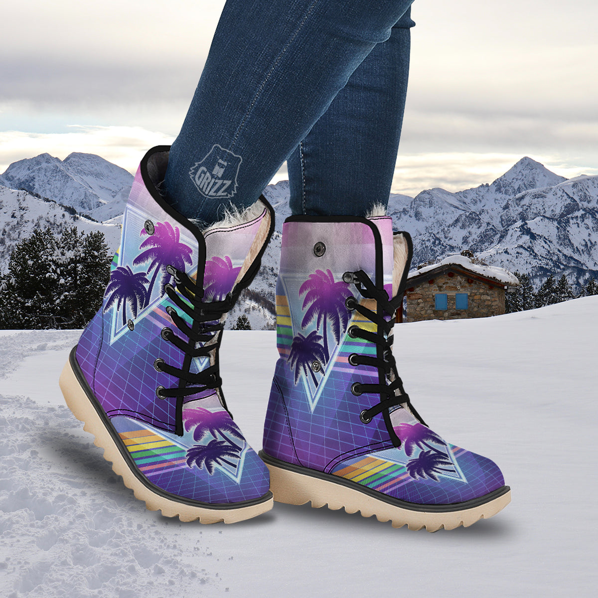 Retro Futuristic Palms Tree Print Snow Boots-grizzshop