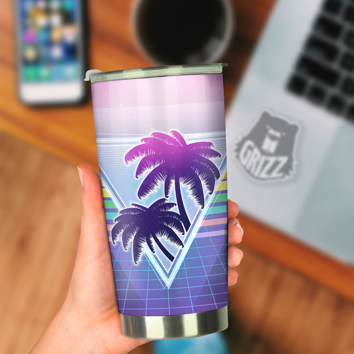 Retro Futuristic Palms Tree Print Tumbler-grizzshop