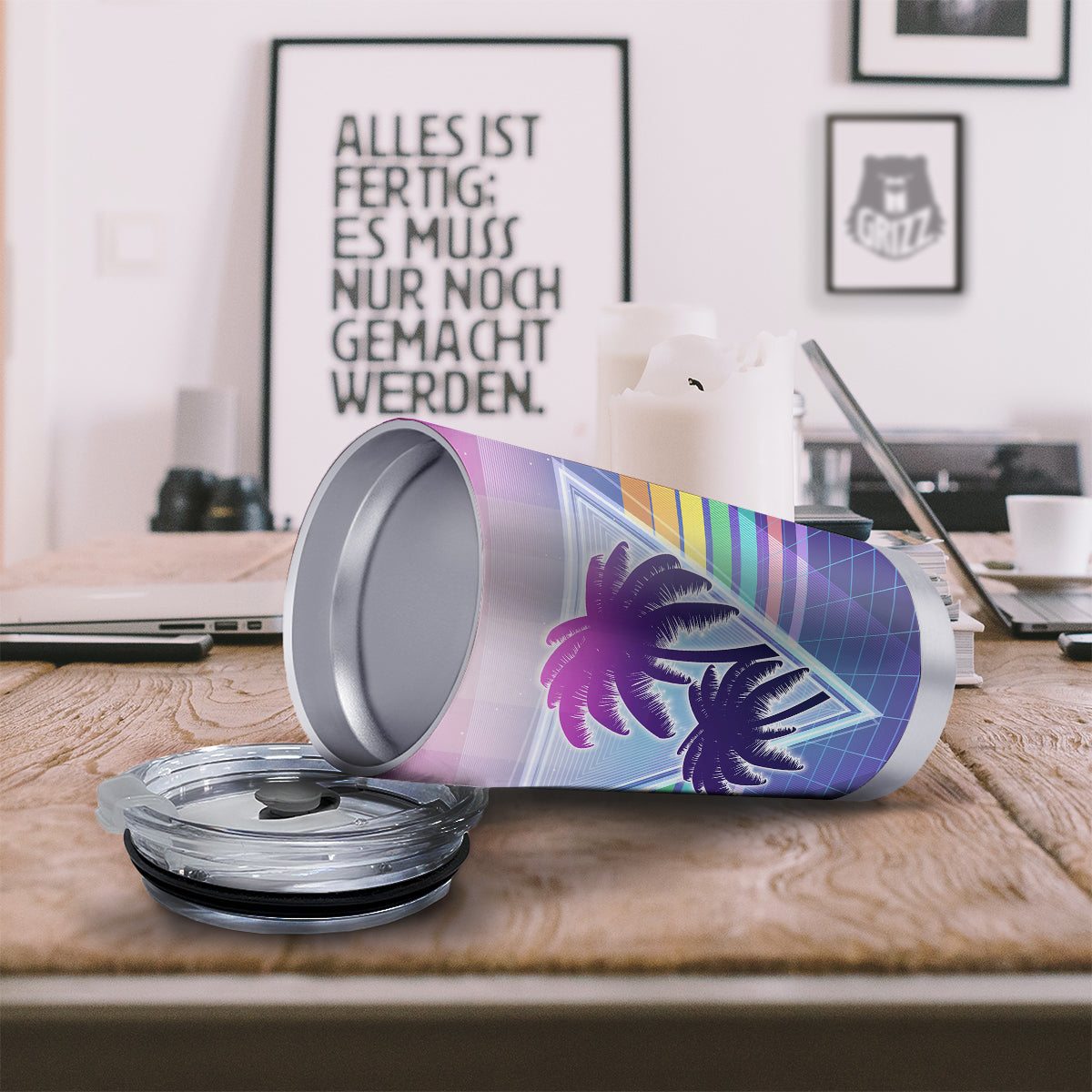 Retro Futuristic Palms Tree Print Tumbler-grizzshop