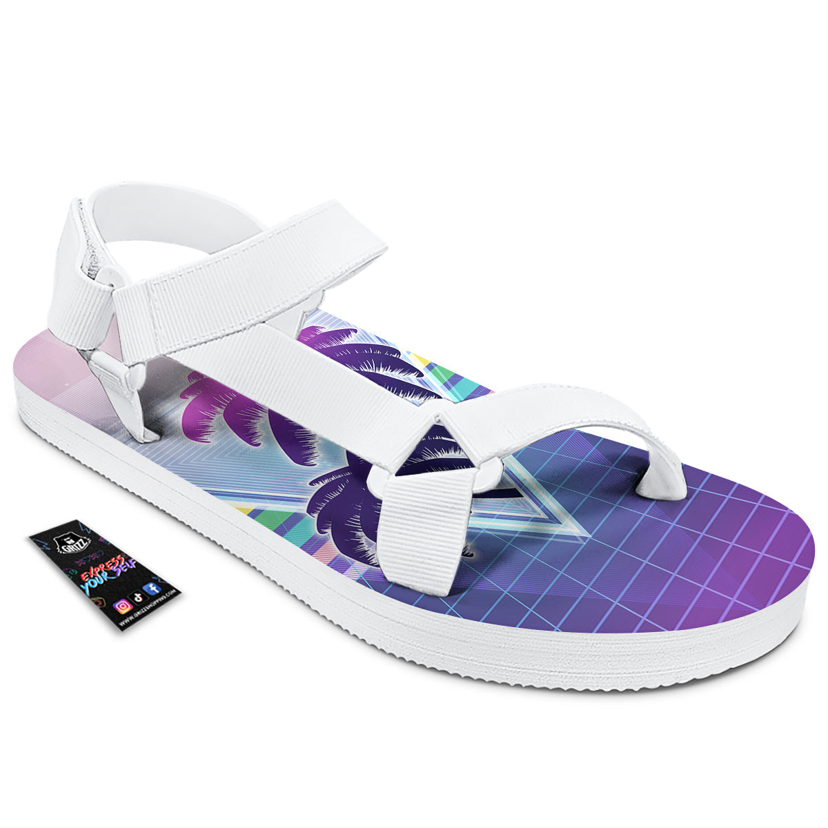 Retro Futuristic Palms Tree Print White Open Toe Sandals-grizzshop