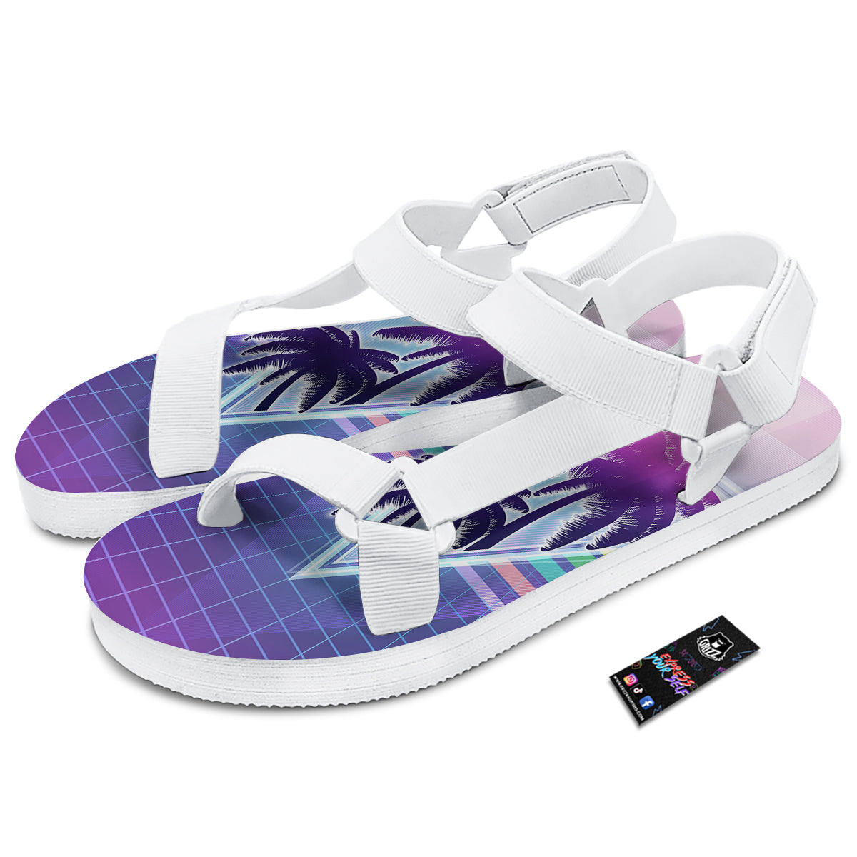 Retro Futuristic Palms Tree Print White Open Toe Sandals-grizzshop