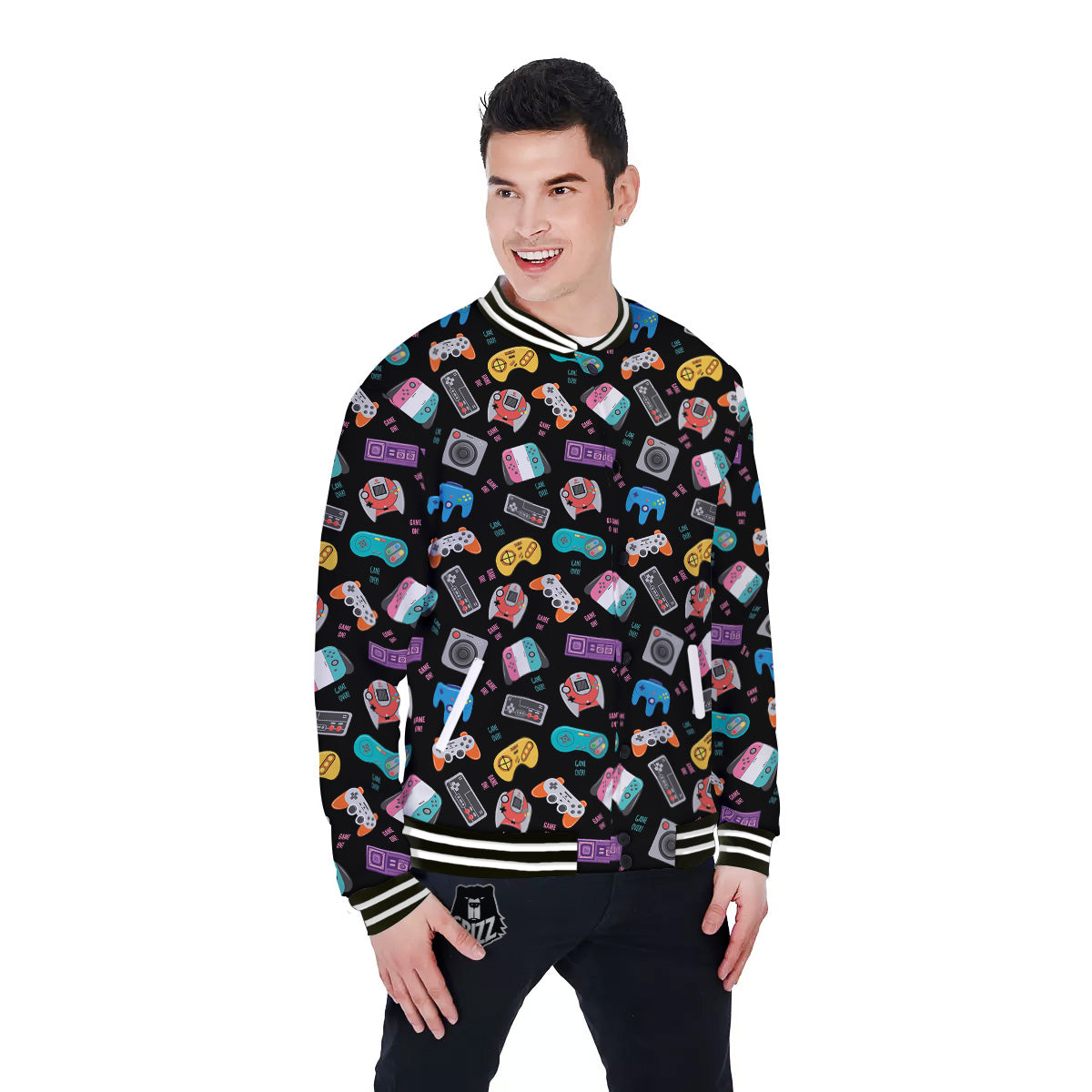 Retro Video Game Controller Print Pattern Baseball Jacket-grizzshop