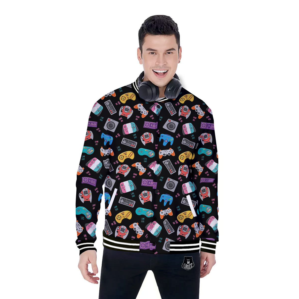 Retro Video Game Controller Print Pattern Baseball Jacket-grizzshop