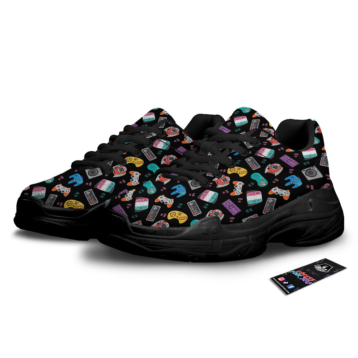 Retro Video Game Controller Print Pattern Black Chunky Shoes-grizzshop