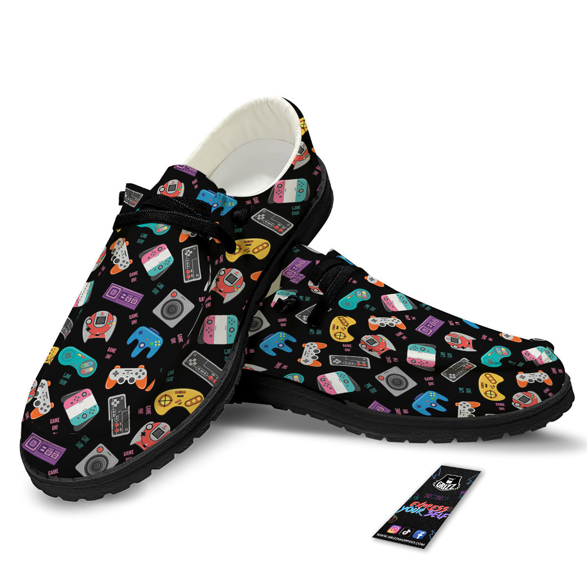 Retro Video Game Controller Print Pattern Black Loafers-grizzshop