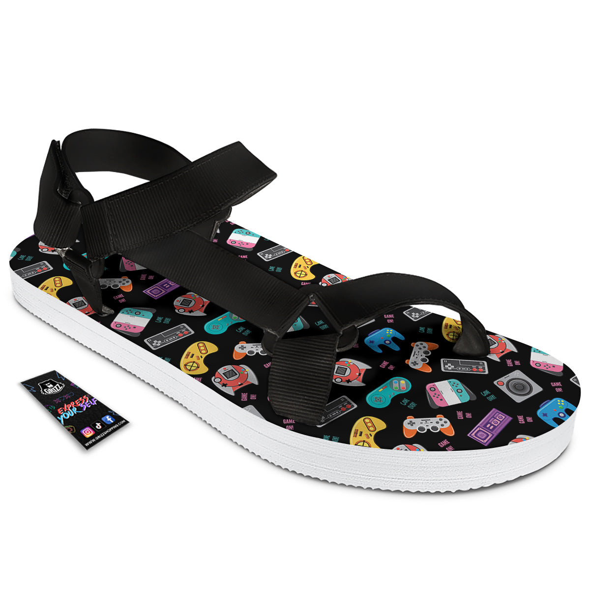 Retro Video Game Controller Print Pattern Black Open Toe Sandals-grizzshop