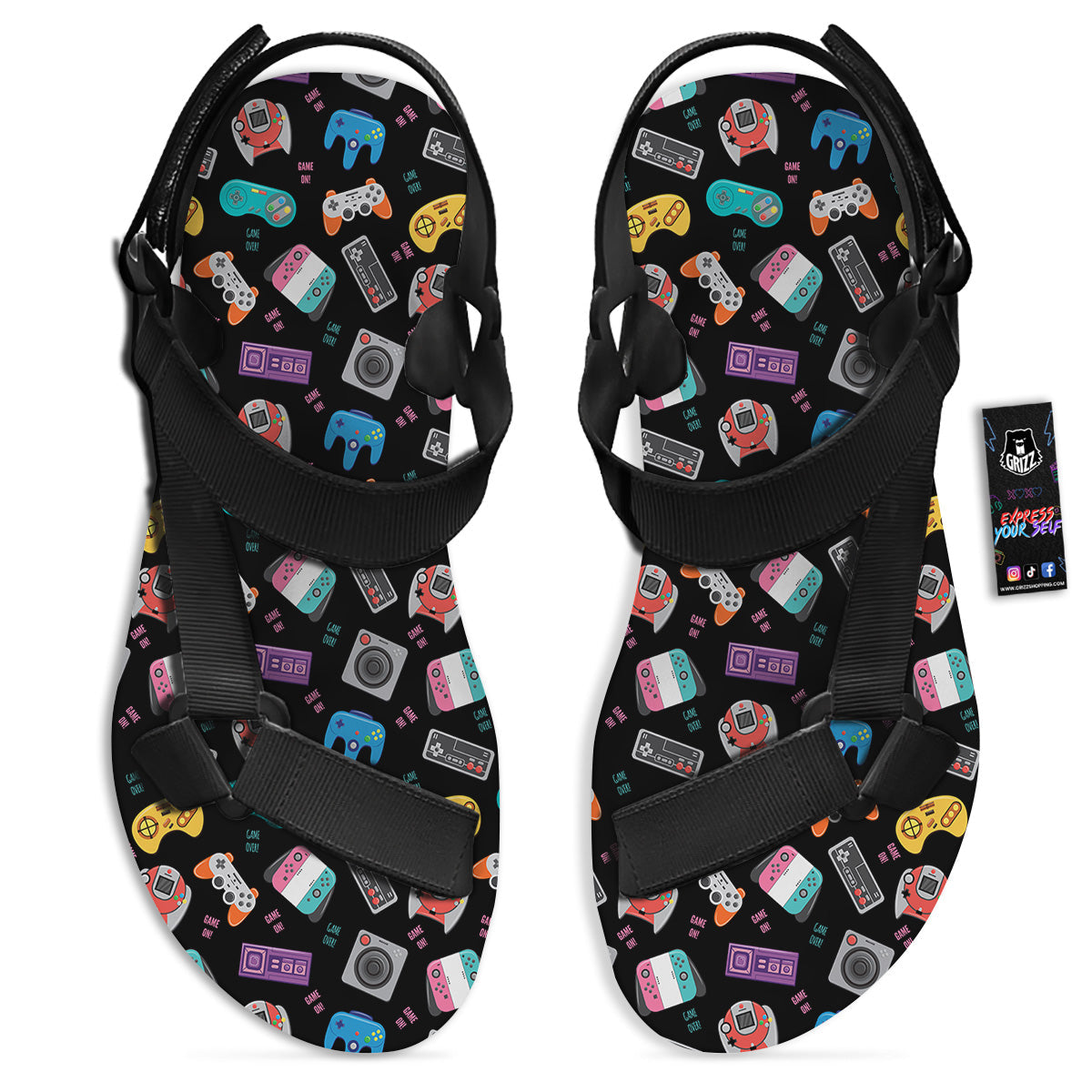 Retro Video Game Controller Print Pattern Black Open Toe Sandals-grizzshop