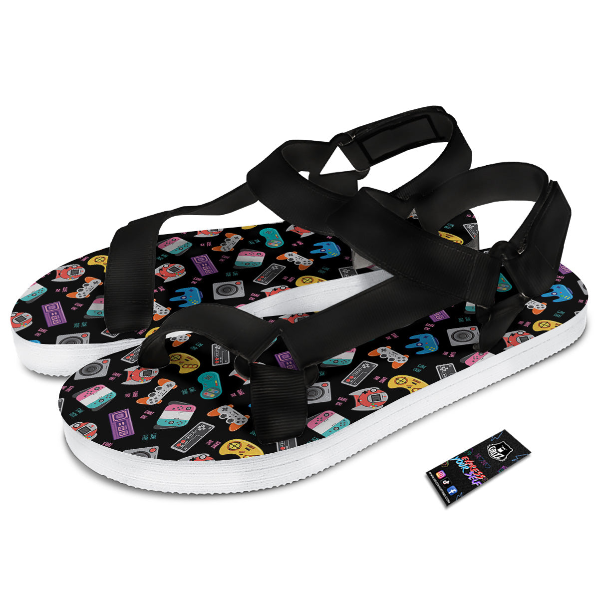Retro Video Game Controller Print Pattern Black Open Toe Sandals-grizzshop