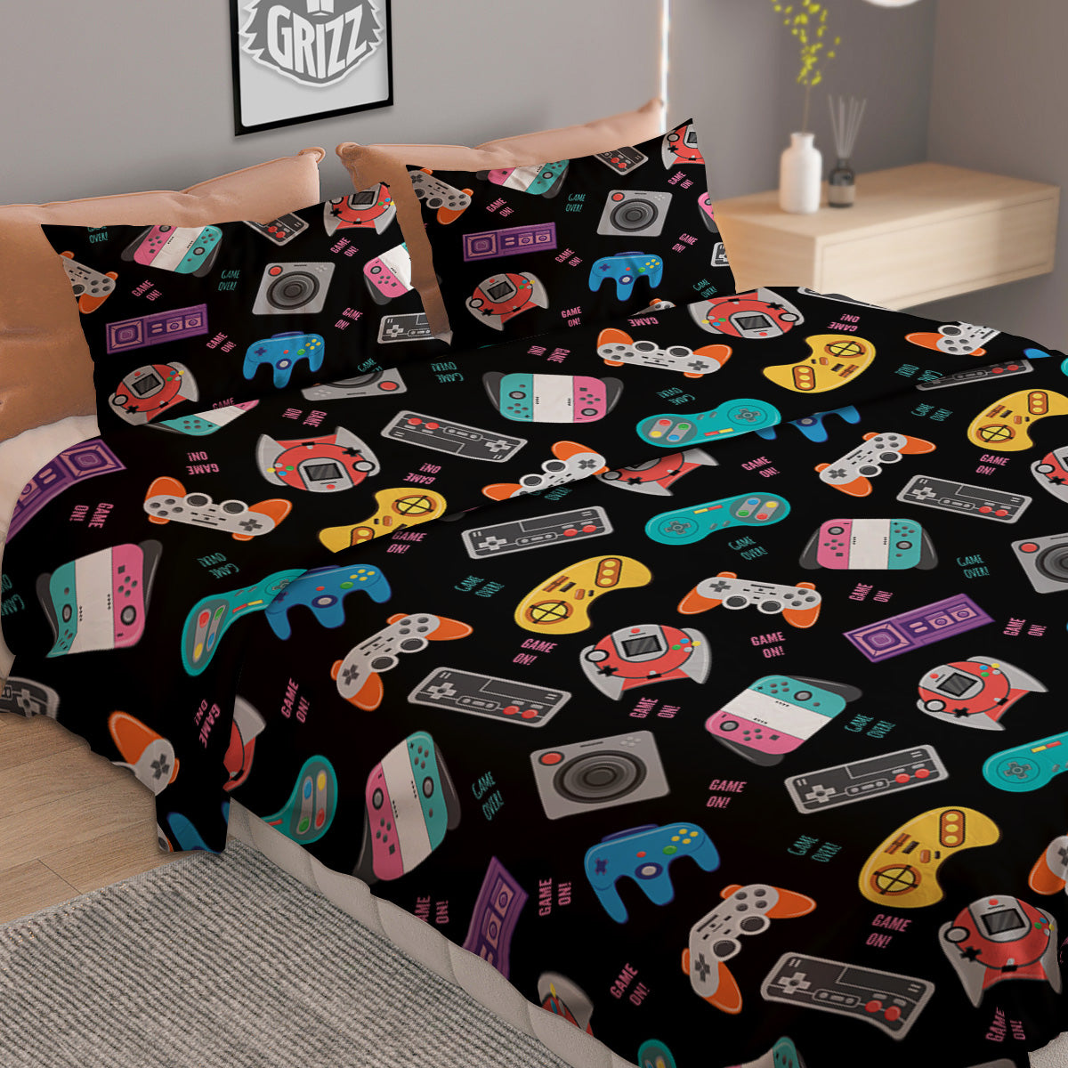 Retro Video Game Controller Print Pattern Duvet Cover Bedding Set-grizzshop