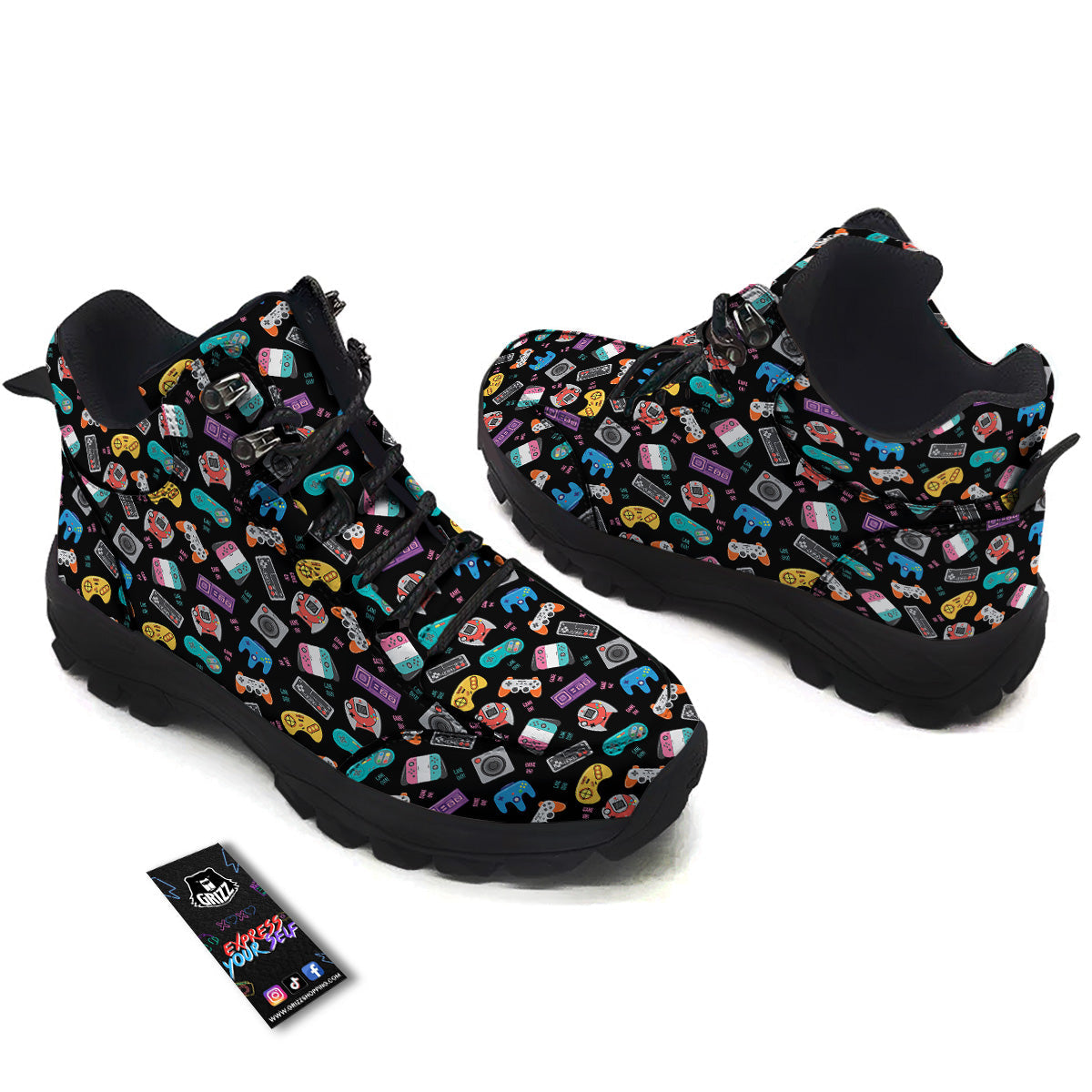Retro Video Game Controller Print Pattern Hiking Shoes-grizzshop