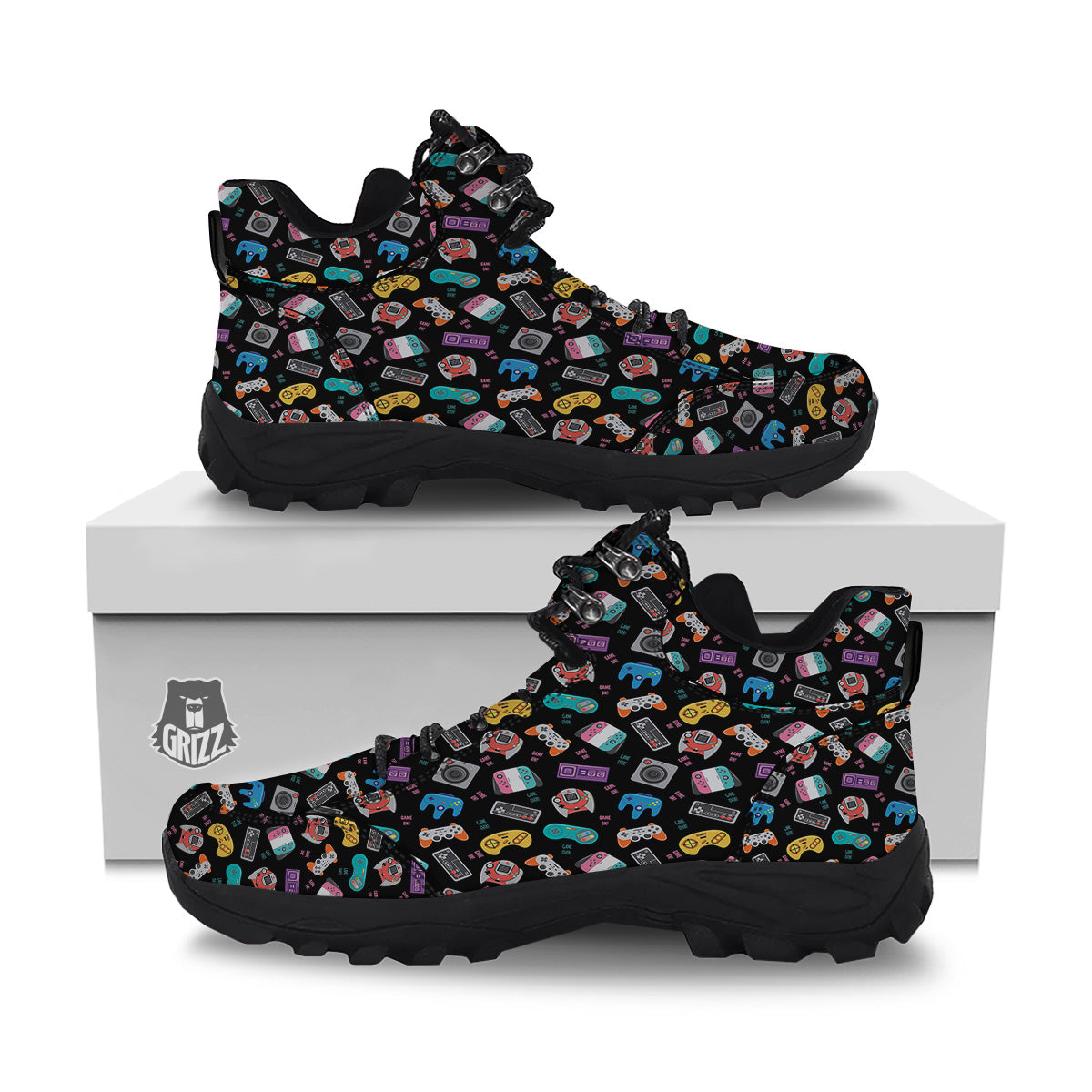 Retro Video Game Controller Print Pattern Hiking Shoes-grizzshop