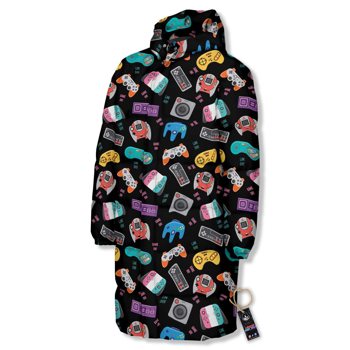 Retro Video Game Controller Print Pattern Long Down Jacket-grizzshop