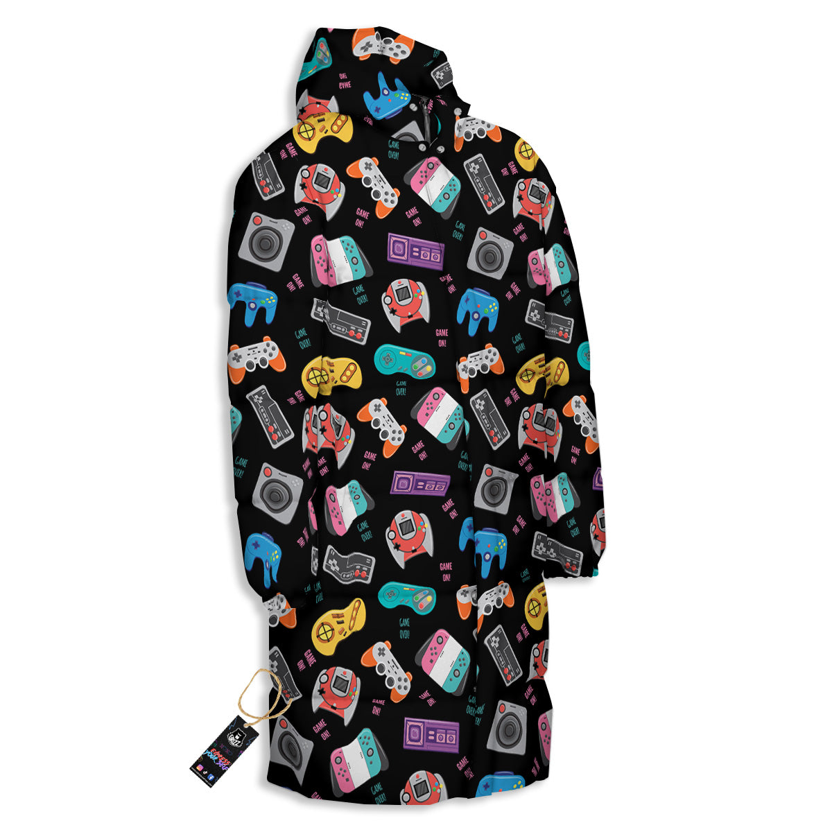 Retro Video Game Controller Print Pattern Long Down Jacket-grizzshop