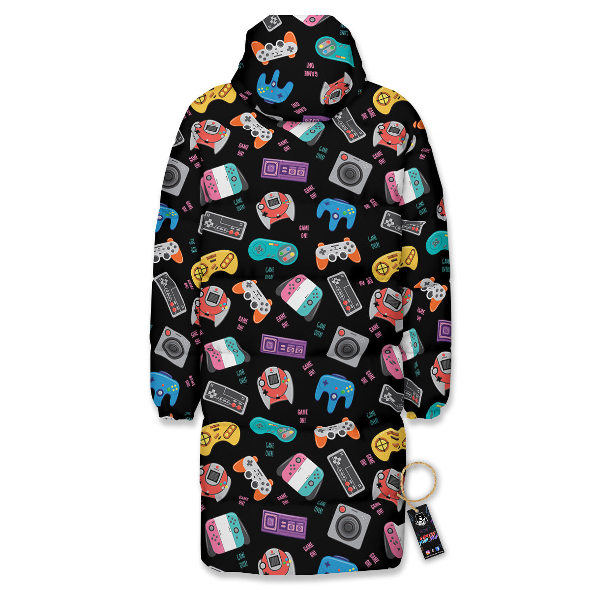Retro Video Game Controller Print Pattern Long Down Jacket-grizzshop