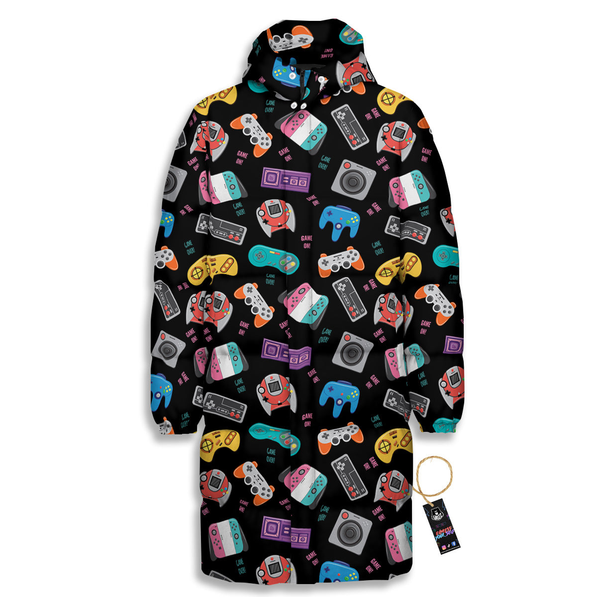 Retro Video Game Controller Print Pattern Long Down Jacket-grizzshop