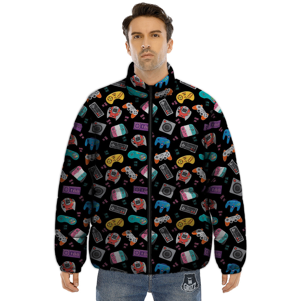 Retro Video Game Controller Print Pattern Puffer Jacket-grizzshop