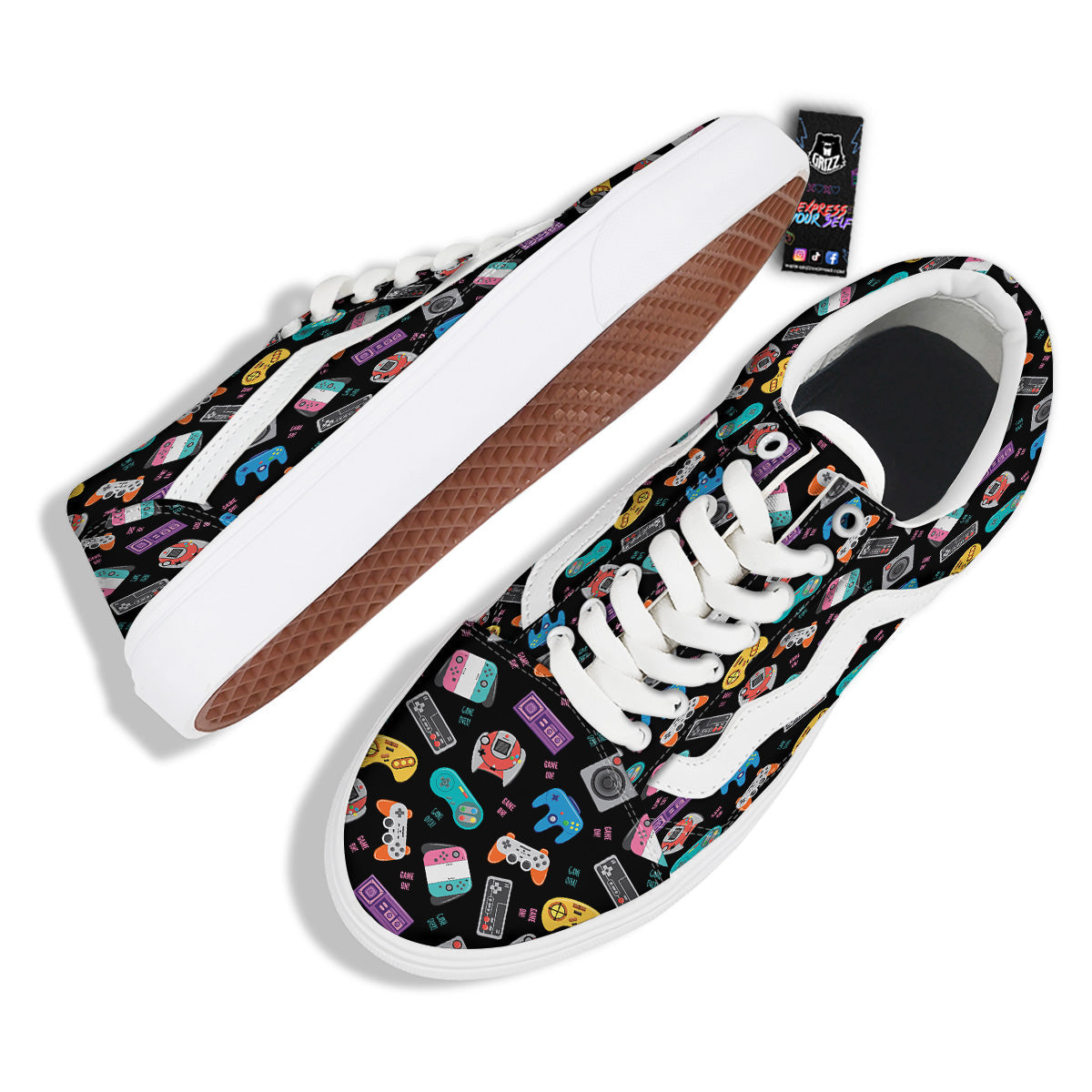 Retro Video Game Controller Print Pattern Skate Shoes-grizzshop