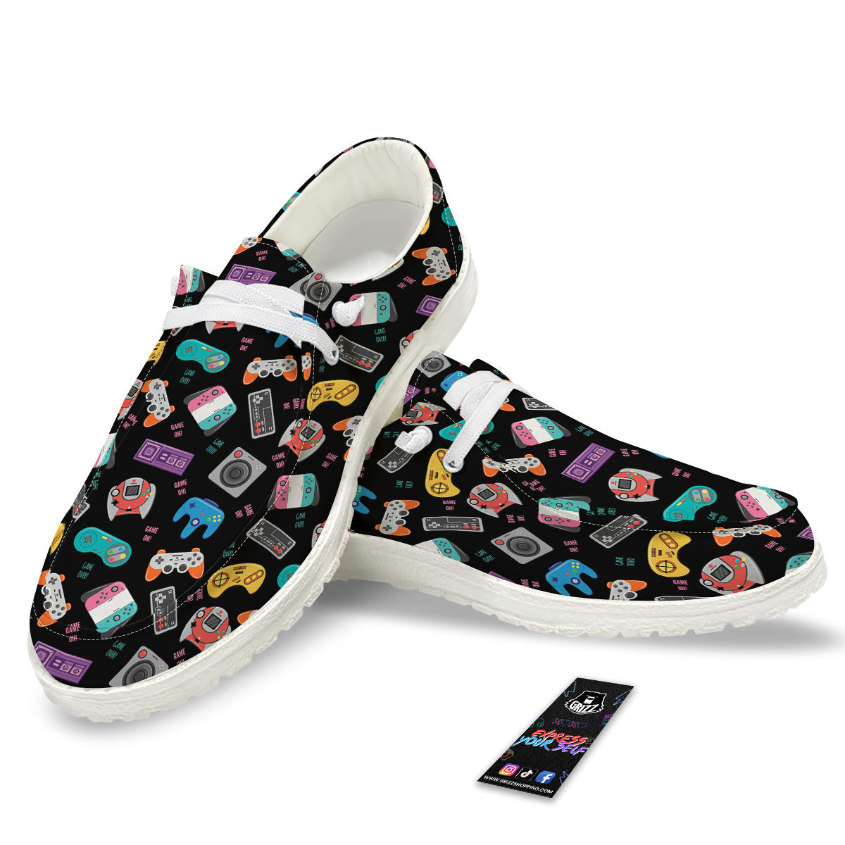Retro Video Game Controller Print Pattern White Loafers-grizzshop