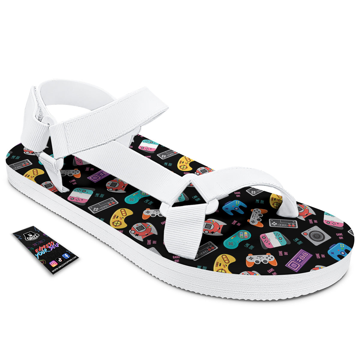 Retro Video Game Controller Print Pattern White Open Toe Sandals-grizzshop