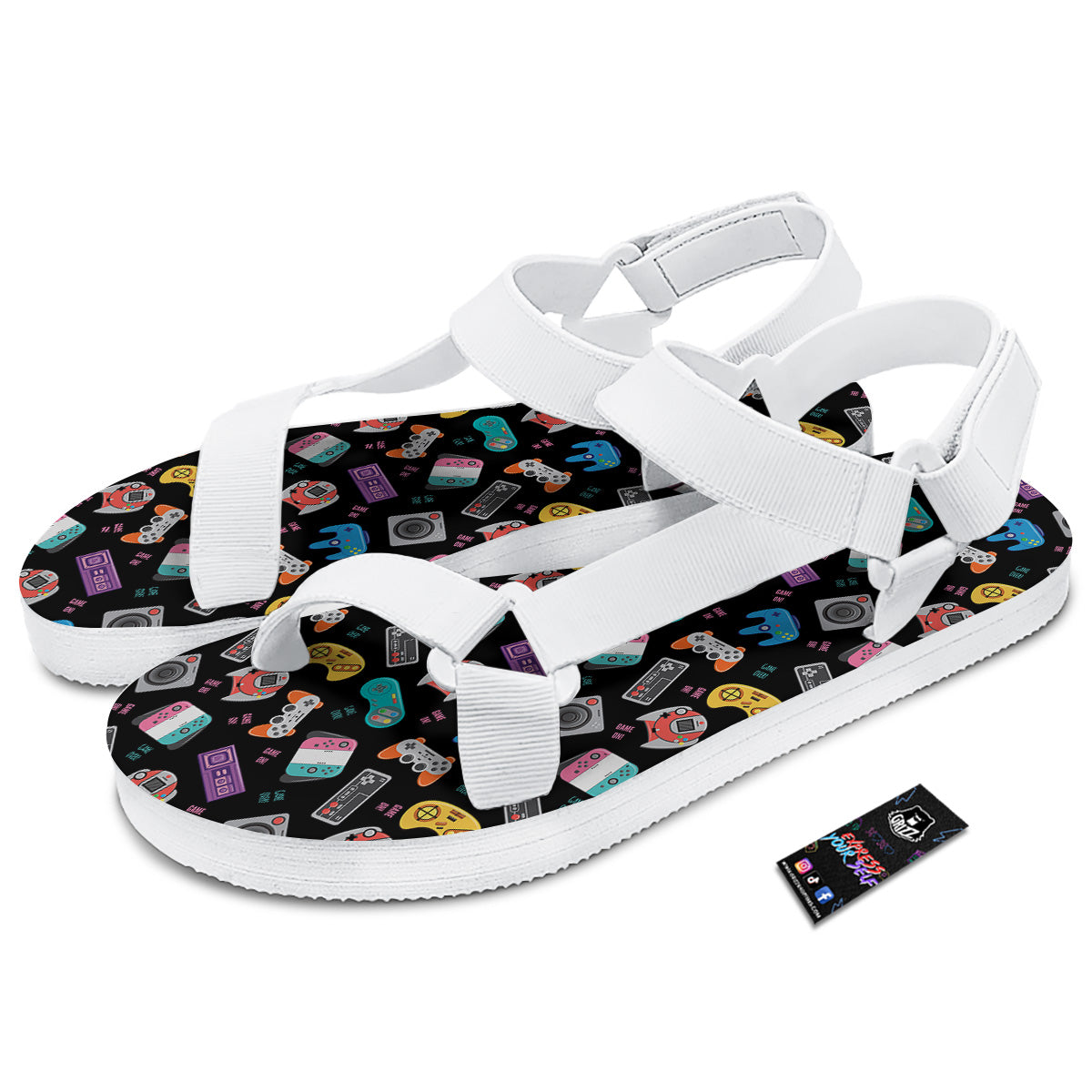 Retro Video Game Controller Print Pattern White Open Toe Sandals-grizzshop