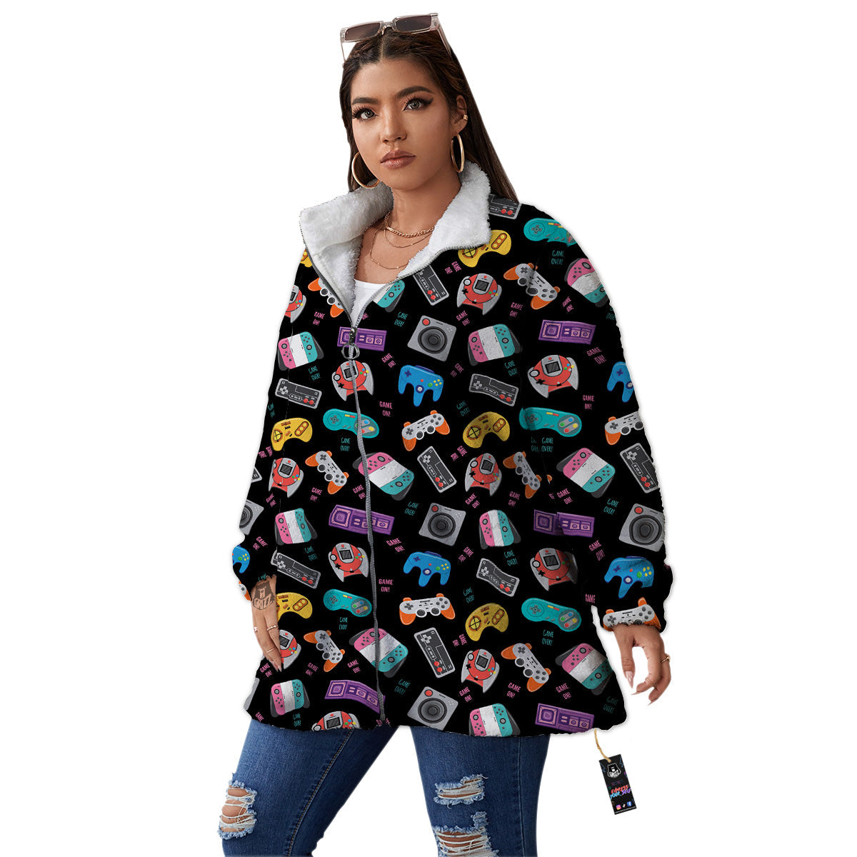 Retro Video Game Controller Print Pattern Women's Sherpa Jacket-grizzshop