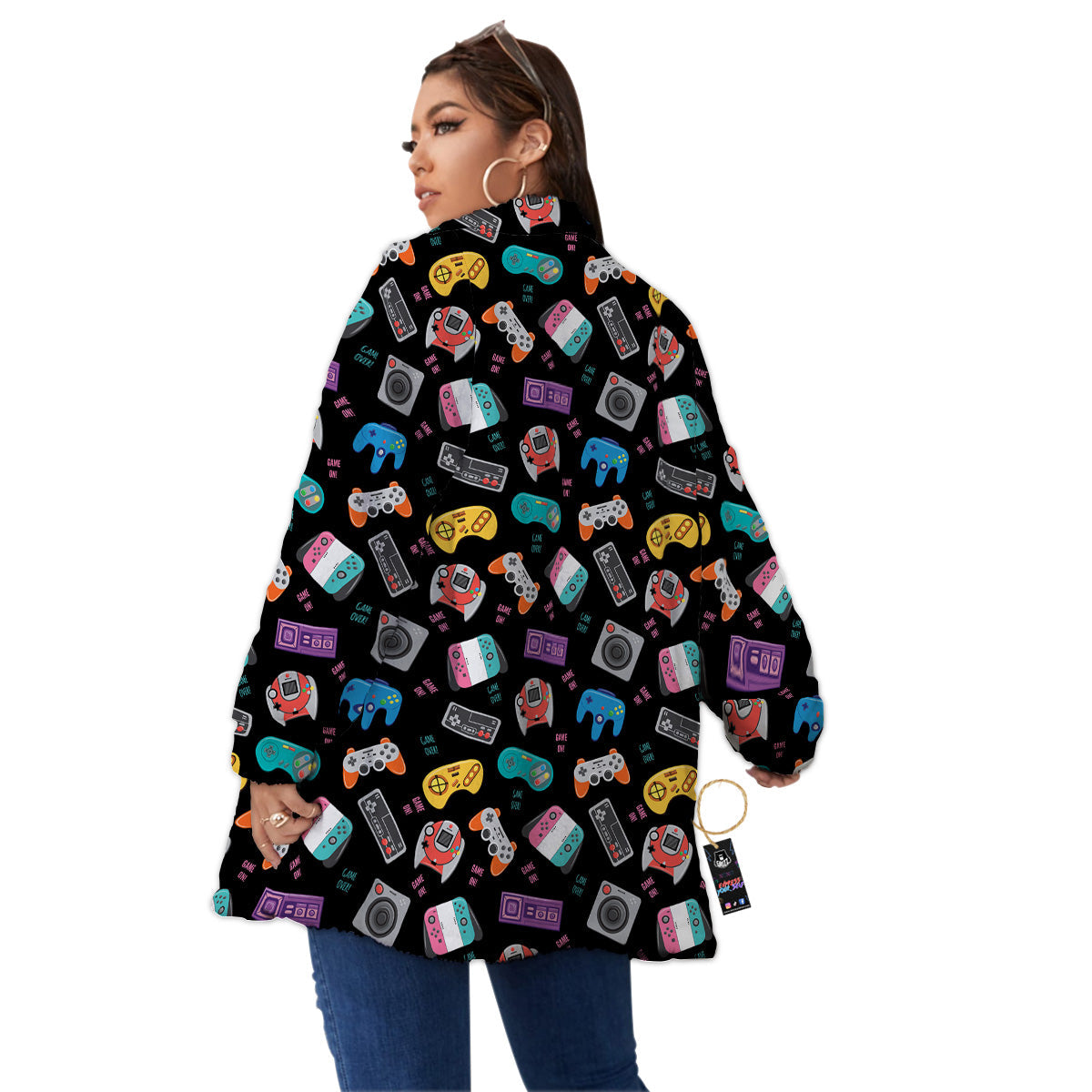 Retro Video Game Controller Print Pattern Women's Sherpa Jacket-grizzshop