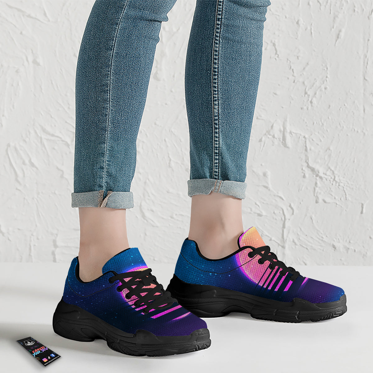Retro Vintage Sun Print Black Chunky Shoes-grizzshop