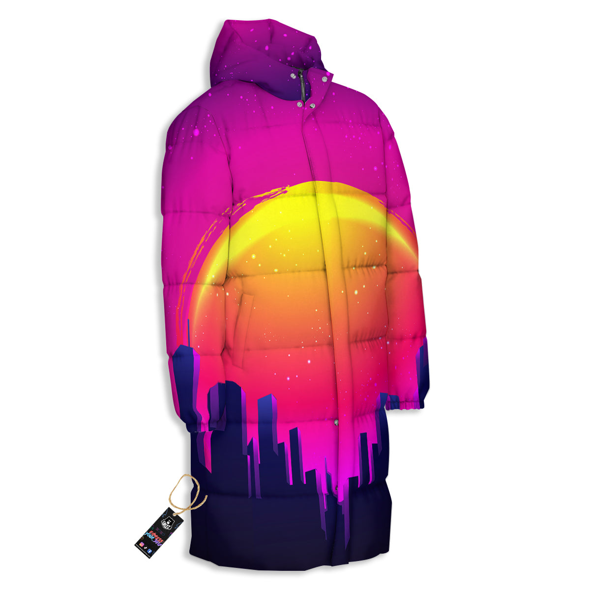 Retro City Sunrise Print Long Down Jacket