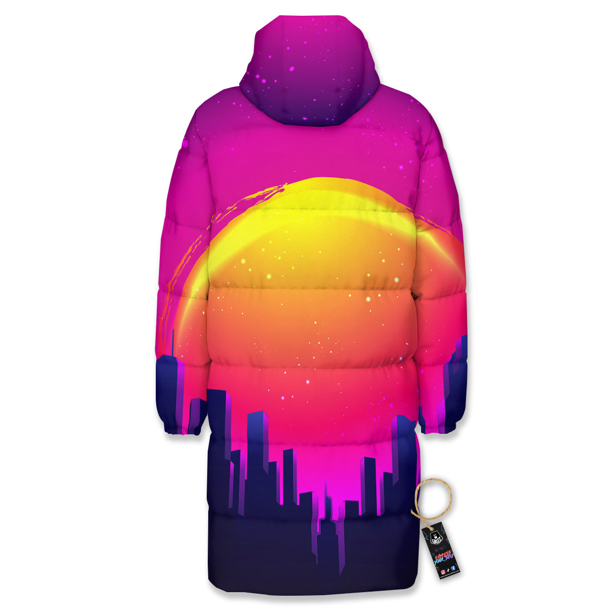 Retro City Sunrise Print Long Down Jacket
