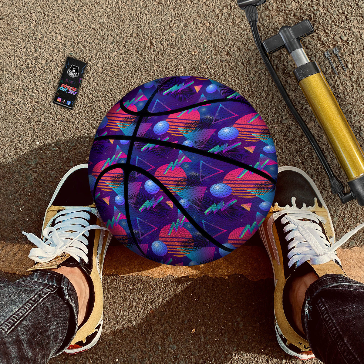 Retro Futuristic Neon Theme Print Pattern Basketball