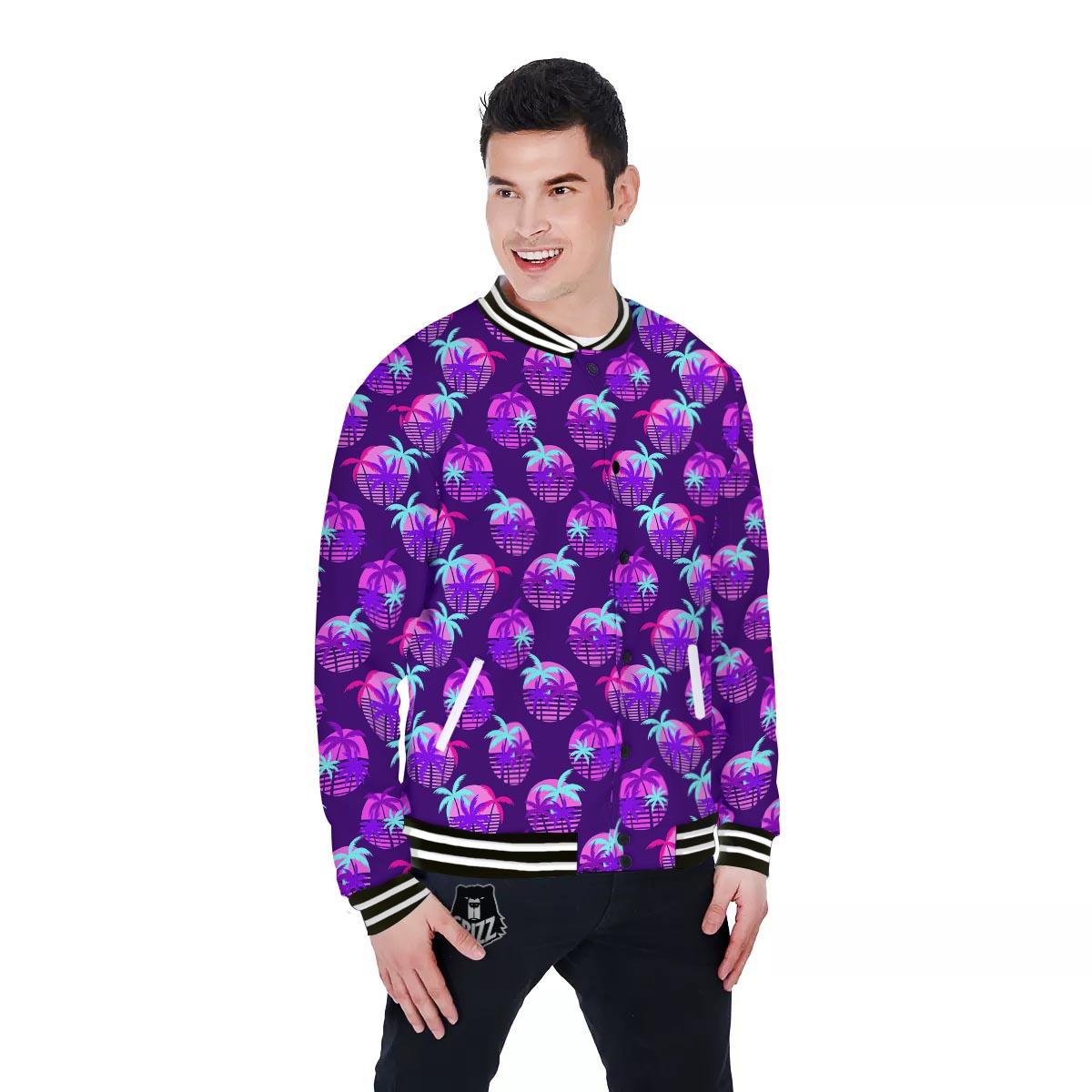 Retrowave Sunset Palm Tree Print Pattern Baseball Jacket-grizzshop