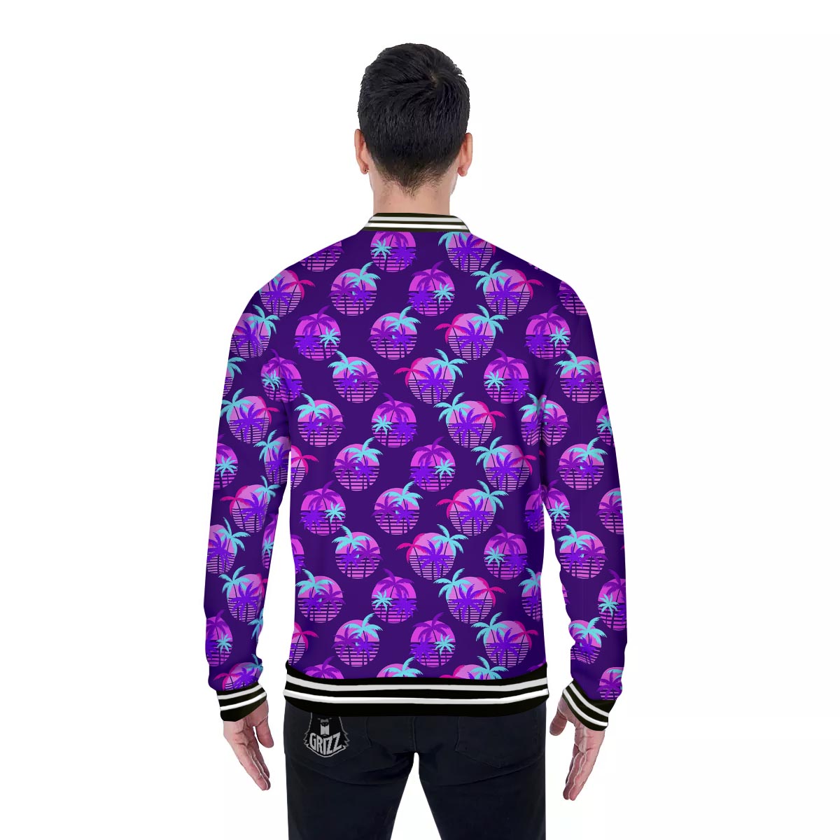 Retrowave Sunset Palm Tree Print Pattern Baseball Jacket-grizzshop