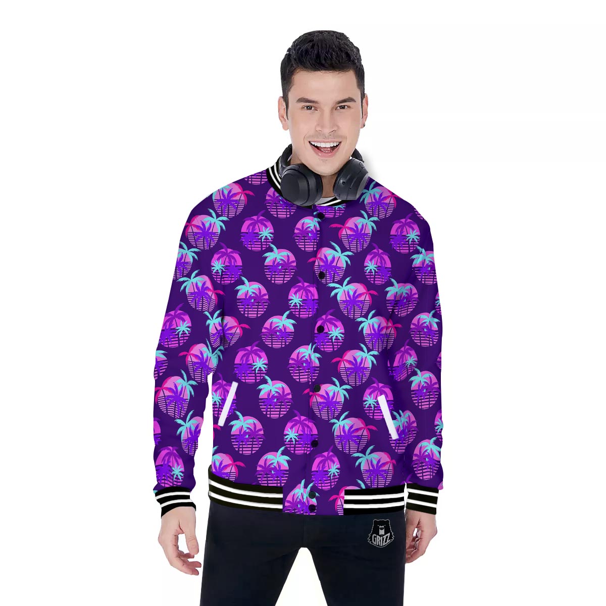 Retrowave Sunset Palm Tree Print Pattern Baseball Jacket-grizzshop