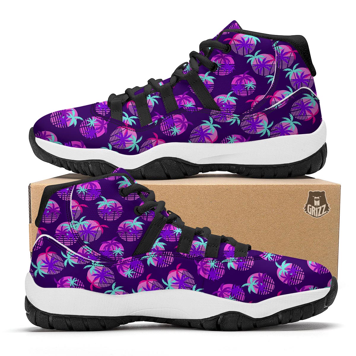 Retrowave Sunset Palm Tree Print Pattern Black Bball Shoes-grizzshop