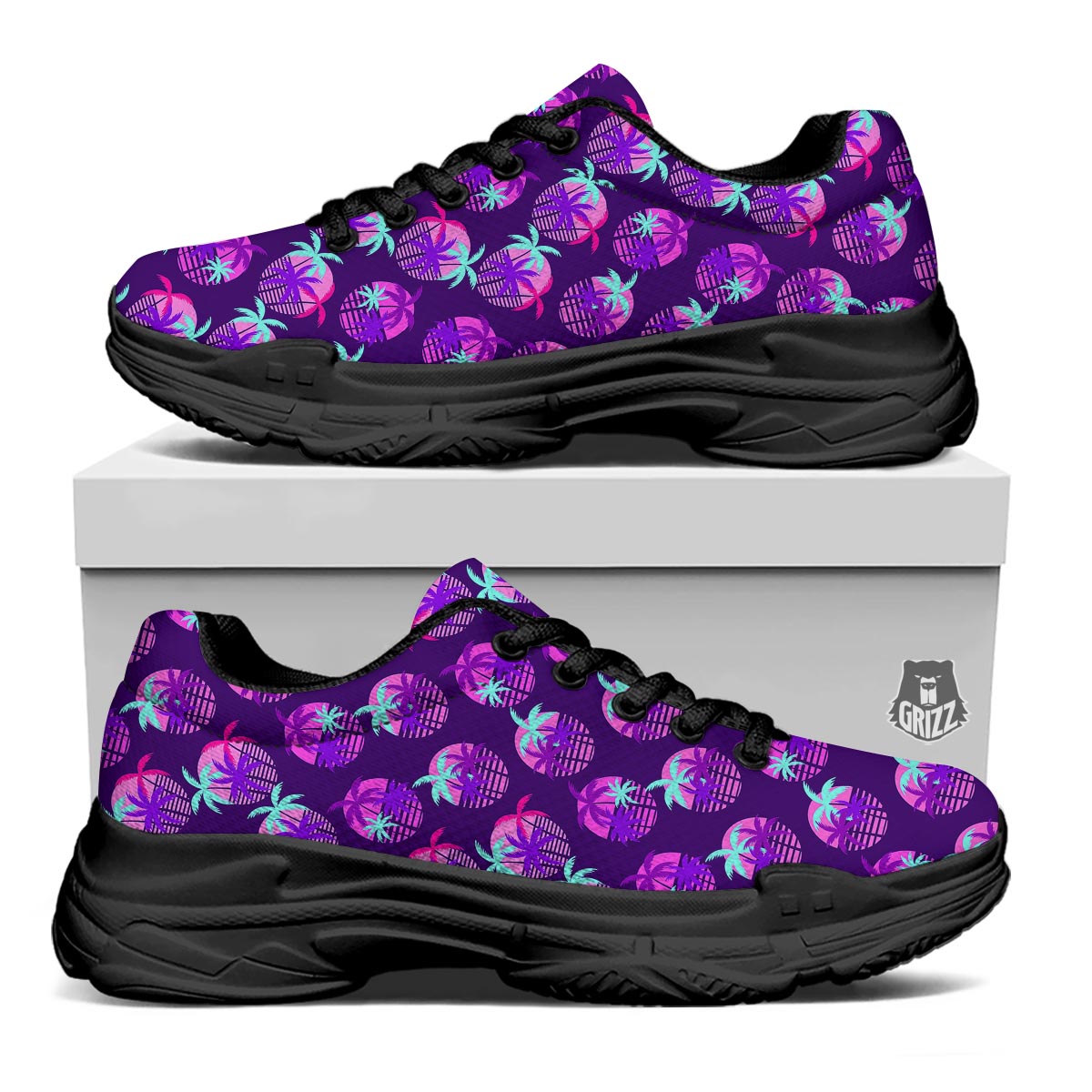 Retrowave Sunset Palm Tree Print Pattern Black Chunky Shoes-grizzshop