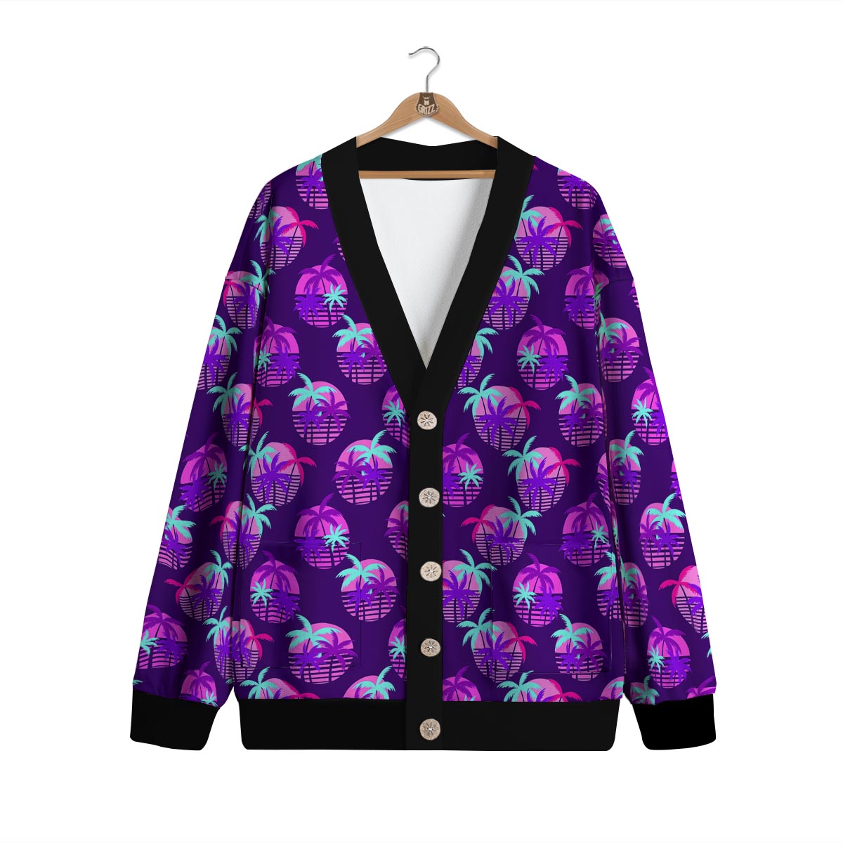 Retrowave Sunset Palm Tree Print Pattern Cardigan-grizzshop