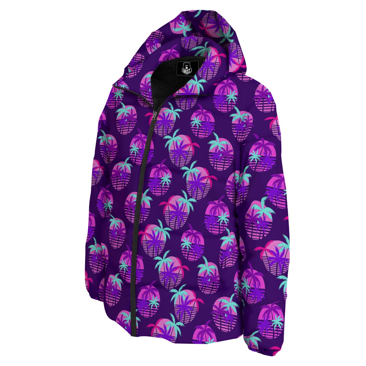 Retrowave Sunset Palm Tree Print Pattern Down Jacket-grizzshop