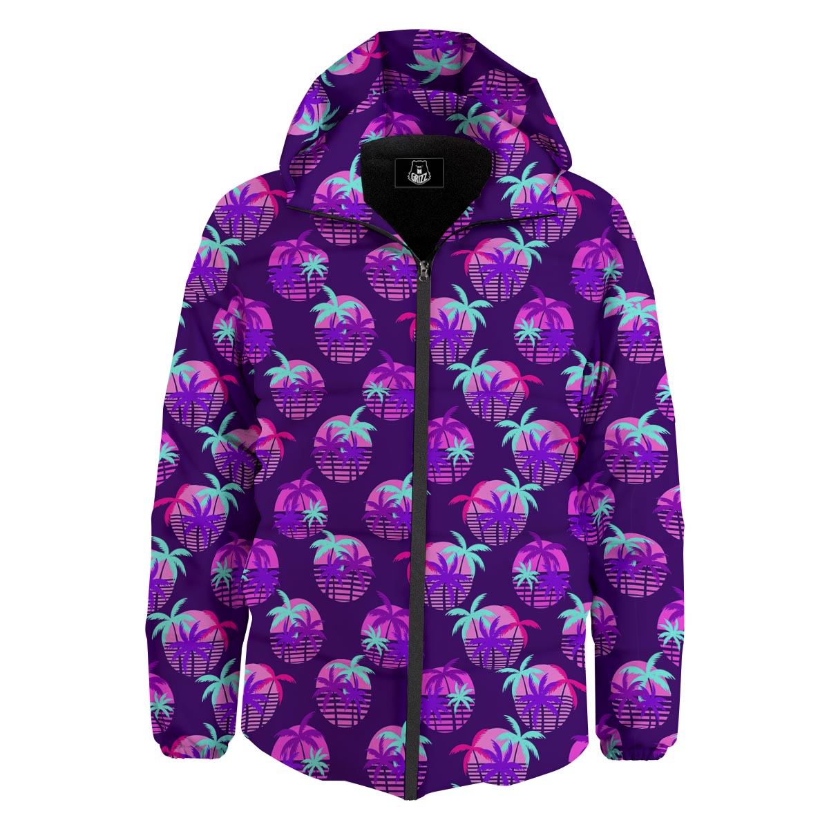 Retrowave Sunset Palm Tree Print Pattern Down Jacket-grizzshop