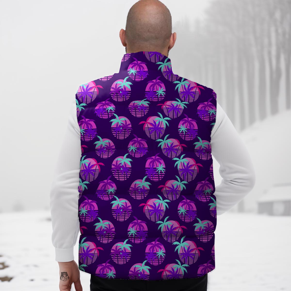 Retrowave Sunset Palm Tree Print Pattern Down Vest