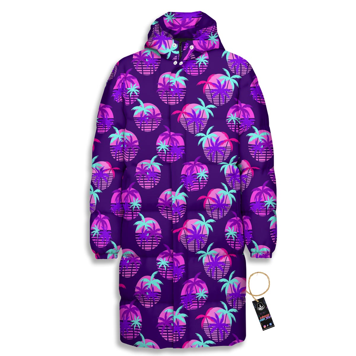 Retrowave Sunset Palm Tree Print Pattern Long Down Jacket-grizzshop