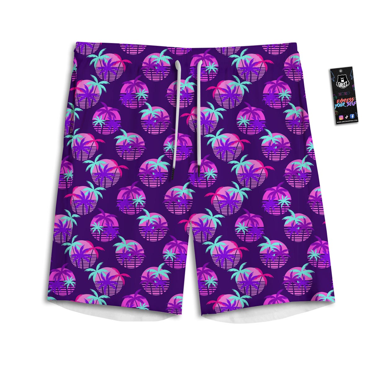 Retrowave Sunset Palm Tree Print Pattern Men's Athletic Shorts